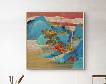 Original fine-brush Chinese blue tones landscape painting, Hand-painted East Asian brush artwork, square blue mountains decoration painting