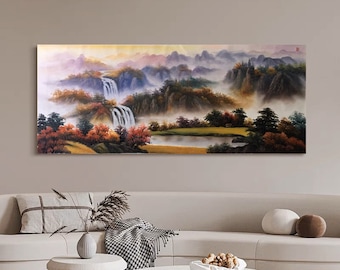 New oriental style landscape oil painting, misty mountains art, original hand-painted oil, large horizontal landscape painting, 180x70 cm