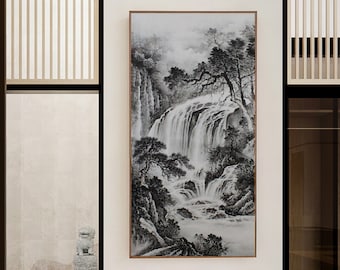 Hand-painted mountains and waterfalls, Chinese ink wash Shan shui painting, vertical large size original Chinese landscape art| authentic