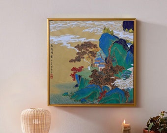 Hand-painted Illuminated Chinese landscape painting, Original Chinese brush painting, Royal style Chinese fine-brush golden Illuminated art