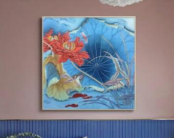 Red lotus, original Chinese Gongbi painting, East Asian watercolor lotus art, lotus painting, hand-painted lotus art, blue tones wall art