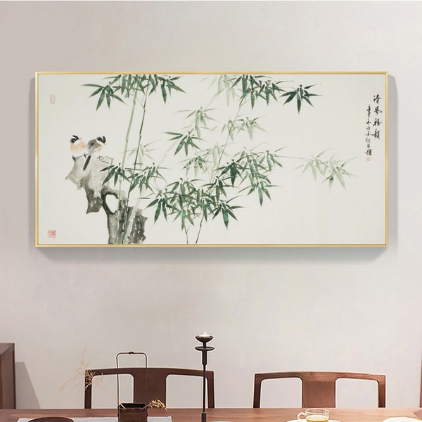 Hand-Painted Bamboo Fine Art, Ink brush bamboo painting, Chinese in wash bamboo art, East Asian original bamboo painting, horizontal