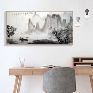 Misty mountains, minimal black and white ink wash mountain art, Original Chinese Shan shui painting, hand-painted, horizontal 49x99 cm