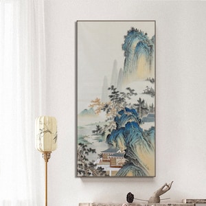 Hand-painted extra large vertical Chinese landscape painting, Original ink wash landscape painting, antique taste Chinese Shan shui painting