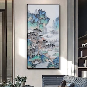 Pavilion Palace hidden in mountains and pine trees, Chinese traditional landscape painting, hand-painted, original blue-green Shan shui art