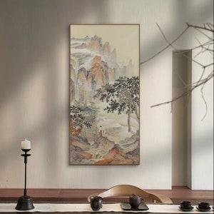 Hand-painted Chinese landscape painting, Original art piece, Chinese brush painting, color ink on Xuan paper, soft warm color mountains art