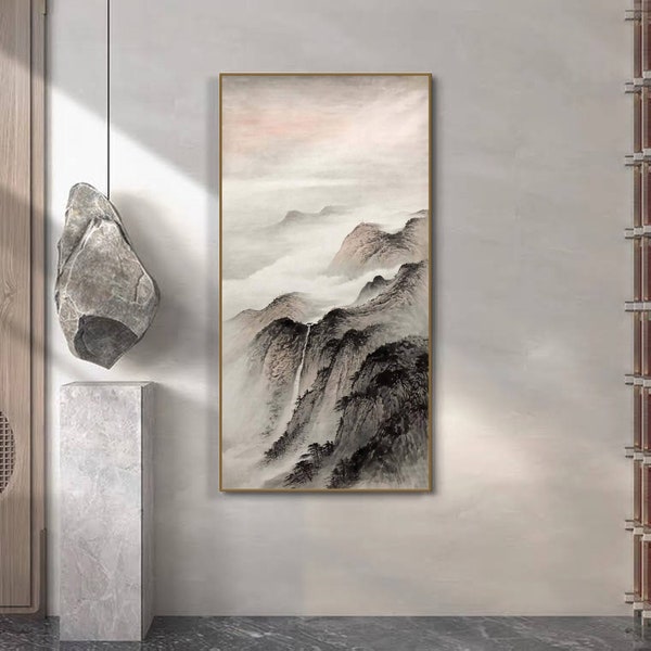 Large vertical authentic original high ash gray mountain painting, Chinese modern landscape painting, 100% Hand-Painted brush painting