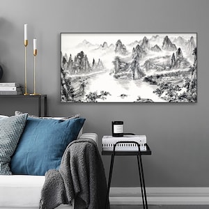 Minimal Shuimo freehand Ink wash painting, Li river Shan shui painting, Lijiang landscape art, large horizontal Chinese brush painting ZM