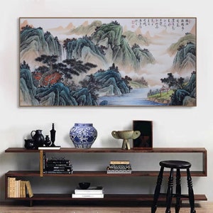 Original Chinese painting, miles green mountains and waters, hand-painted Shan shui painting, large horizontal Fengshui art, 35.5‘’x70.8‘’