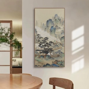 Hand-painted Chinese traditional landscape painting, Original Chinese brush painting, color ink on Xuan paper, blue-green mountains art