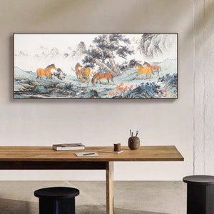 Large size horizontal Fengshui wall art, Hand-painted eight horses, horse brush painting, Original Chinese painting, unframed original work