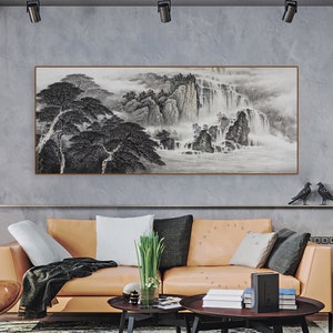 Authentic Hand-painted Chinese ink brush Landscape art, original ink wash painting, Shanshui painting, mountains & waterfalls, Feng shui art
