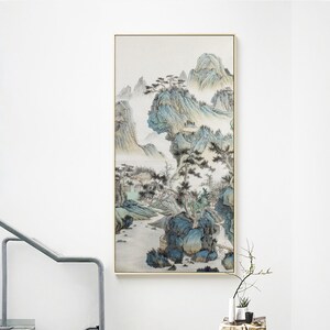 Hand-painted Chinese landscape painting, East Asian antique landscape painting, ink and brush artwork original, vertical Shan shui painting