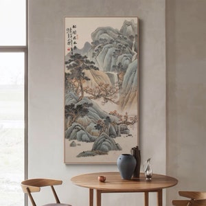 Hand-Painted, Shan shui painting, Chinese artist original artwork, literati painting, Chinese traditional landscape art, large vertical