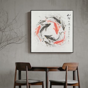 Hand-Painted Koi fish art, Original Chinese watercolor koi painting, freehand style koi fish, square sumi e painting, 68x68cm