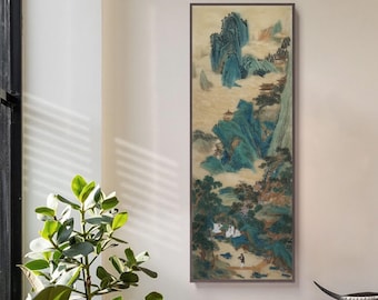 Hand-painted work, Gongbi Landscape Scroll – Reproduction of Qiu Ying's Peach Blossom Wonderland, Chinese Green-Blue Painting, inkbrush art