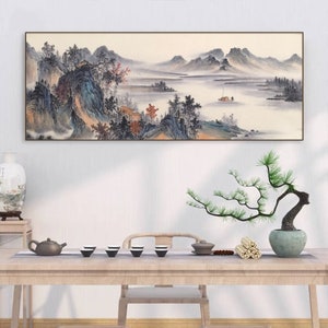 Antique Hand-painted Chinese Landscape Art, original ink brush mountains art, authentic ink brush Shan Shui painting, vintage style painting