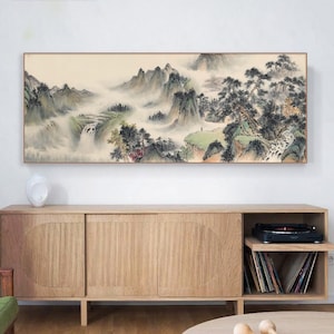Original Chinese brush painting, hand-painted antique taste Chinese landscape painting, East Asian ink wash mountains and waters painting