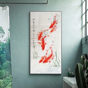 100% Hand-painted Chinese watercolor koi fish art, Slender vertical koi fish painting, Original Asian ink wash painting, 50x100cm