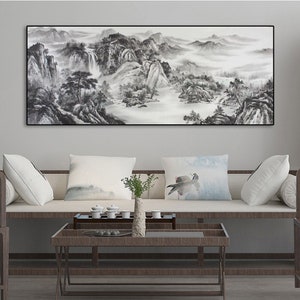 100% Hand-painted Landscape art| clouds and mountains art| Original Chinese ink art| Brush painting| ink splash mountians, Fengshui Painting