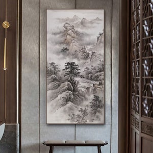 Misty mountain ink brush painting, Chinese ink wash painting, original created painting, hand-painted, Chinese painting, unframed authentic