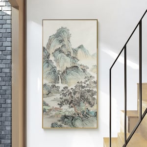 Original Hand-painted Chinese landscape painting, antique Chinese landscape painting, light color Shan shui painting, light green mountains