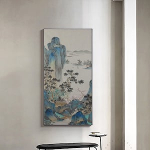 Original antique taste Chinese Shan shui painting, Hand-painted extra large vertical Chinese landscape painting, ink wash landscape painting