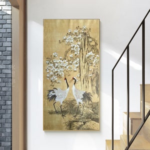 Antique style hand painted crane art, original Chinese meticulous red-crowned cranes and magnolia blossoms, large vertical unframed original
