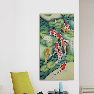 Koi ponds water gardens, 锦鲤, watercolor Koi fish painting, unframed Original Hand-painted koi brush painting, vertical large Feng shui art