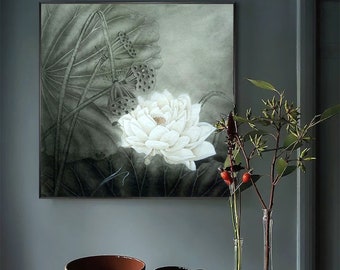 Grey tones lotus art, original painting, hand-painted fine-brush painting, Chinese Gongbi painting, watercolor botanical, lotus painting
