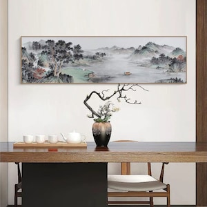Original landscape painting, hand-painted Chinese brush painting, ink on Xuan paper, horizontal narrow long scroll Shan shui painting