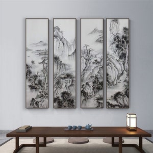 Black and white ink mountains art, set of 4, Chinese ink wash painting, hand-painted, original brush painting, vertical narrow deco painting