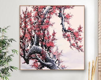 Authentic Hand Painted Chinese Ink Art - ‘Crimson Plum Blossoms in Snow’, Extra Large Red Plum Tree Painting on Xuan Paper 153x153cm