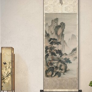 Hand-painted Shan shui art replica of Chen Shaomei, Chinese ink brush painting, authentic landscape painting, color on Xuan paper, 66x132 cm