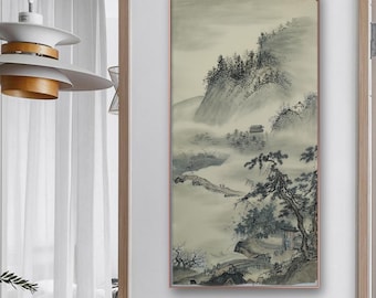 Silent Retreat by the River – Hand Painted Ink Landscape on Xuan Paper, Song Dynasty taste, Original ink brush painting, wall art 49x99cm