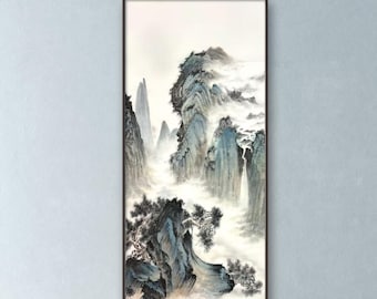 Authentic Hand Painted Chinese Landscape - ‘Misty Peaks in Verdant Clouds’, Ink Color on Xuan Paper Vertical Mountain ink brush Painting
