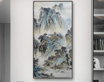 Misty Blue Mountain Landscape Painting, Hand-Painted Chinese Scroll, Original Ink Wash on Rice Paper, Temple and Waterfall Art, unframed