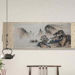 Hand-painted replica artwork, Chen Shaomei, Shan shui scroll, Chinese vintage-retro literati landscape painting, ink on Xuan paper, 133x59cm