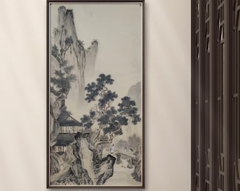 Authentic Hand Painted Chinese Landscape - ‘Scholars’ Gathering in Pine Forest’, Ink and Color on Xuan Paper Vertical Scroll, 49x99 cm