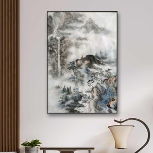 Chinese Misty Mountain Landscape Wall Art - Hand Painted Ink Wash Brush Painting, blue gray tones, 70x47 cm, silk scroll customizable