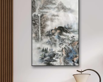 Chinese Misty Mountain Landscape Wall Art - Hand Painted Ink Wash Brush Painting, blue gray tones, 70x47 cm, silk scroll customizable