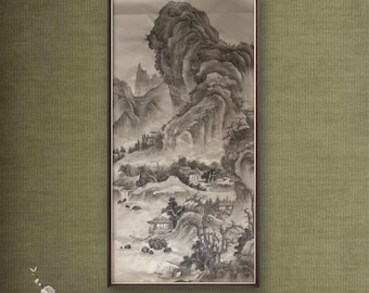 Cloudy Mountain Fishing Village – Original Chinese Landscape Painting, Black and White Ink Hand-Painted Scroll on Xuan Paper, 68x136cm