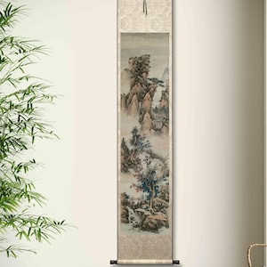 Hand-painted antique art replica of Lan Ying‘s Shan shui scroll, vertical narrow vintage ocher mountain landscape, ink on Xuan paper, 132x33