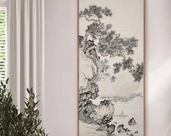 Authentic Hand Painted Chinese Landscape Paintings- Ink on Xuan Paper, Pine Tree and Floating Boat Brush Painting, Oriental Scroll 52x120 cm
