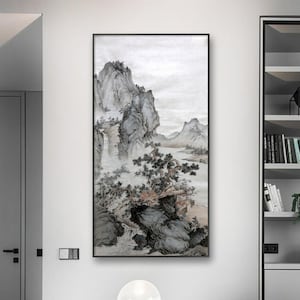 Serenity Among the Peaks – Hand Painted Ink Brush Landscape on Xuan Paper, Authentic ink wash painting, Original Wall Art Scroll 68x136cm