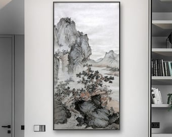Serenity Among the Peaks – Hand Painted Ink Brush Landscape on Xuan Paper, Authentic ink wash painting, Original Wall Art Scroll 68x136cm