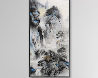 Ethereal Peaks in Mist – One-of-a-Kind Ink Wash Landscape with Blue-Grey Palette, Original Wall Art ink Color on Xuan Paper, 68x135 cm