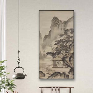 Quiet Dwelling Beneath the Pines – Hand Painted Ink brush Landscape painting on Vintage color Xuan Paper, Original Vertical Scroll 50x99cm