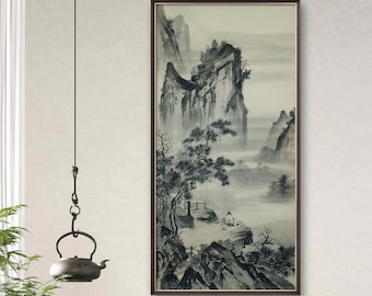 Hand-Painted Mountain Landscape Ink Painting – Chinese Xuan Paper Art (49x99cm)