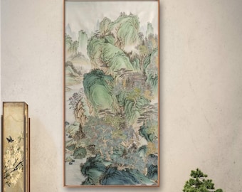 Hand-painted Chinese Landscape Scroll, Fine Detailed Blue Green Mountain Painting, Traditional Gongbi Art 130x68cm, Collectible Wall Decor